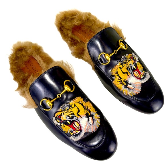 GUCCI PRINCETOWN “TIGER” FAUX FUR MULE SLIPPERS - Picture 1 of 8